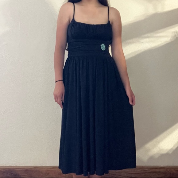 Maggy London Black Sleeveless Fit & Flare Midi Dress w/ Teal Blue Detail Size: 6 - Picture 1 of 5